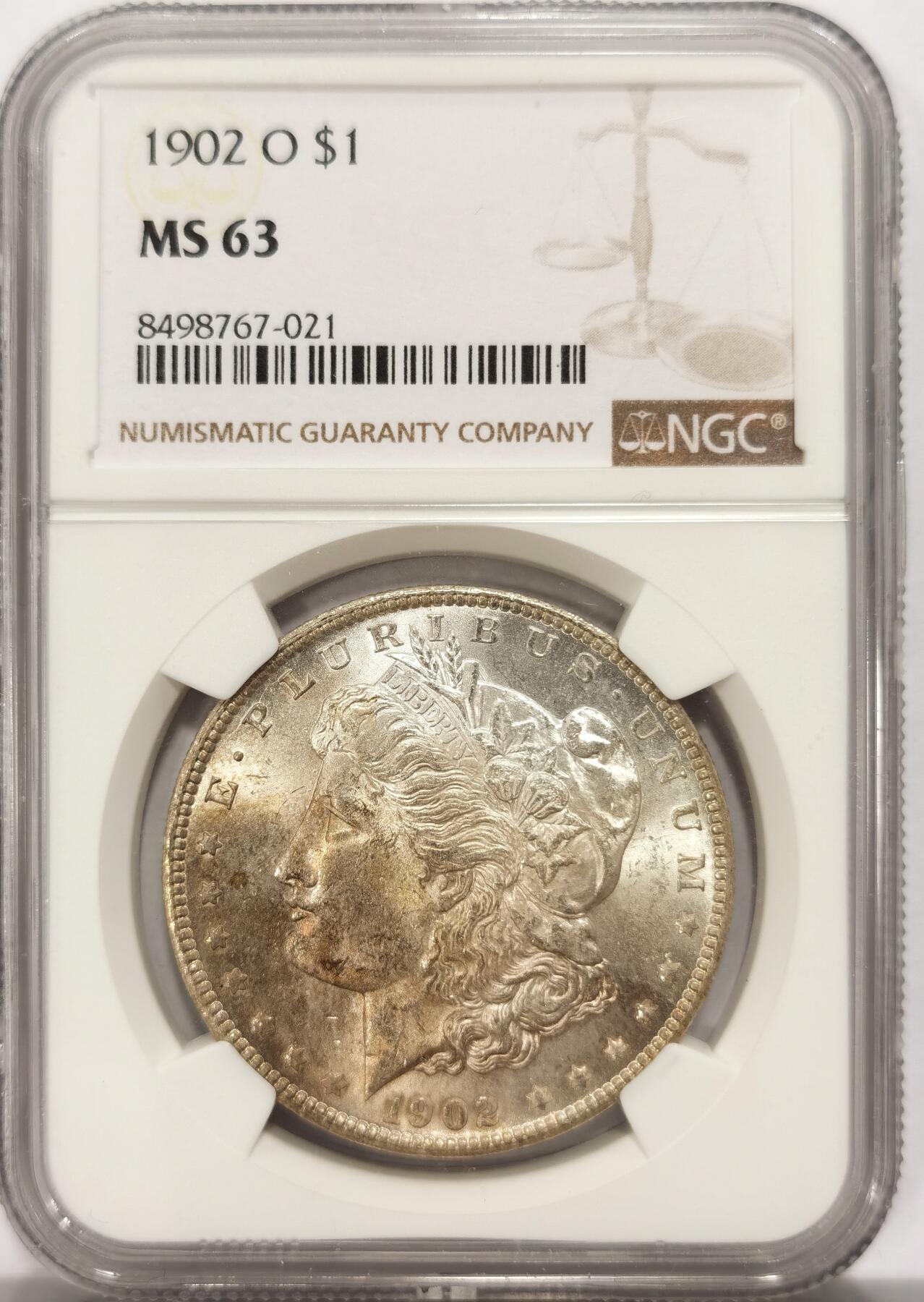 博洋堂世界钱币拍卖第125期（全场包邮） NGC MS63 美国1902年摩根银币，漂亮五彩，包浆醇厚，卷首转光好品。