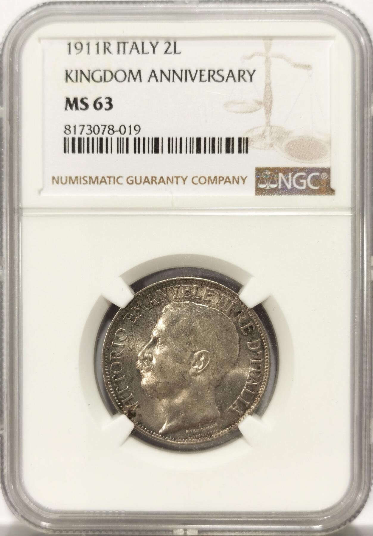 博洋堂世界钱币拍卖第125期（全场包邮） NGC MS63 意大利1911年建国2里拉银币，62分稀奇成交价2188