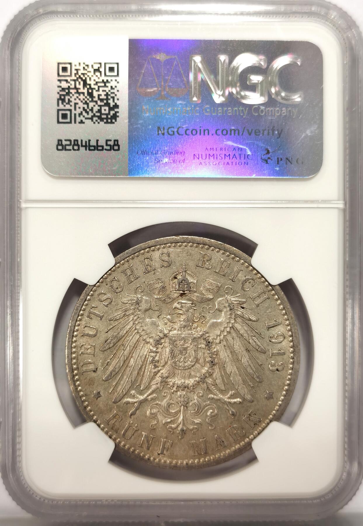 博洋堂世界钱币拍卖第125期（全场包邮） 1913年德国汉堡自由市5马克银币NGC-AU58，原汁原味老包浆，包浆醇厚，打制深峻，细节优秀，状态极佳。略为低评，状态和品质绝对不输MS级。