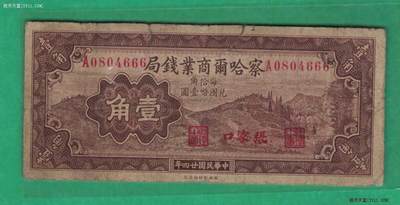 察哈尔商业钱局1935年(民国二十四年)壹角(一角) A冠 盖张家口 666豹子尾 实物图 - 察哈尔商业钱局1935年(民国二十四年)壹角(一角) A冠 盖张家口 666豹子尾 实物图
