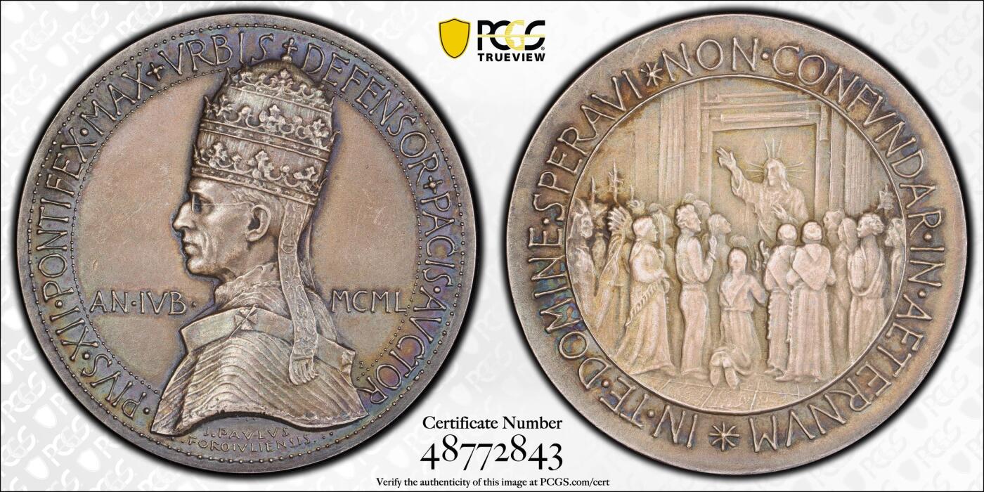 博洋堂世界钱币拍卖第125期（全场包邮） PCGS SP63 梵蒂冈庇护12世50mm巨大银章！唯一冠军唯一记录！这个尺寸极其罕见，庇护十二世普通尺寸40mm银章都要卖两三千了！
