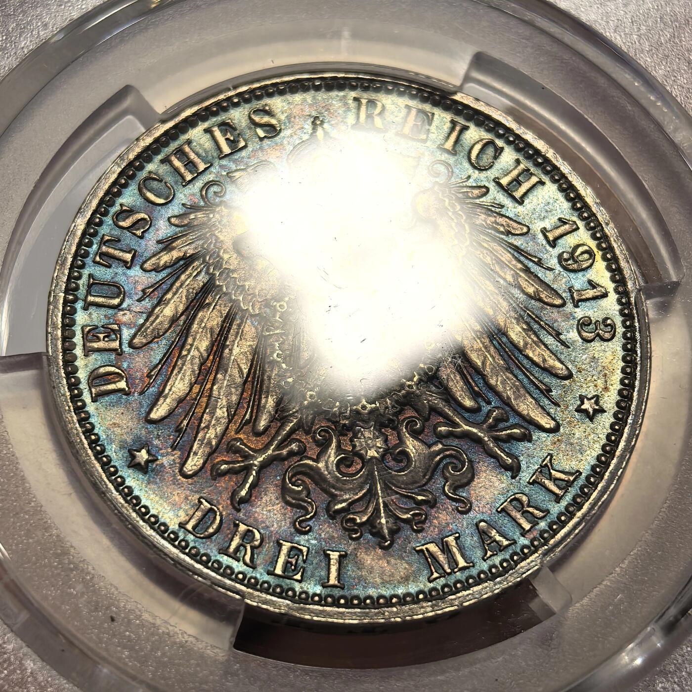 博洋堂世界钱币拍卖第125期（全场包邮） PCGS MS63 德国萨克森1913年莱比锡建功碑3马克 炫彩！超美！