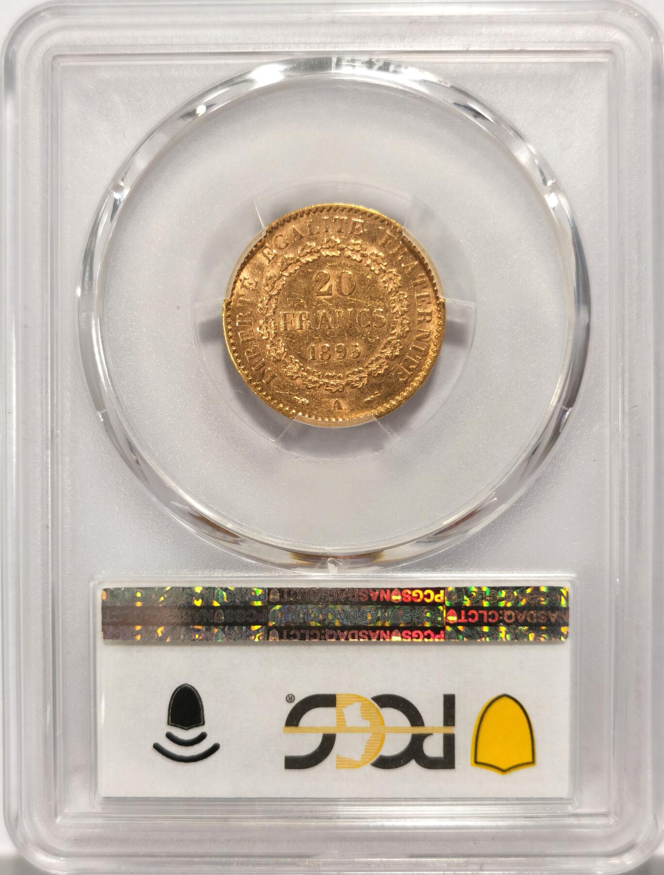 博洋堂世界钱币拍卖第125期（全场包邮） PCGS AU55 原光法国1895年A版20法郎金币，重6.45g，918金
