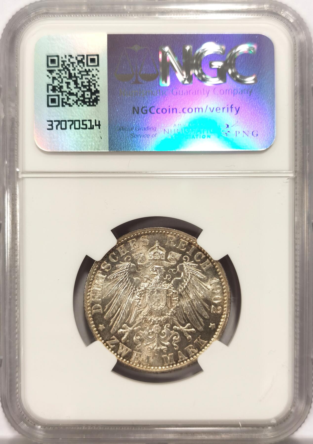 博洋堂世界钱币拍卖第125期（全场包邮） NGC MS63 德国巴登1902年登基2马克 低评了，环彩！