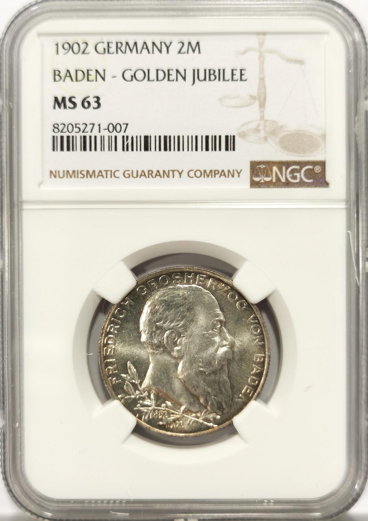 博洋堂世界钱币拍卖第125期（全场包邮） NGC MS63 德国巴登1902年登基2马克 低评了，环彩！