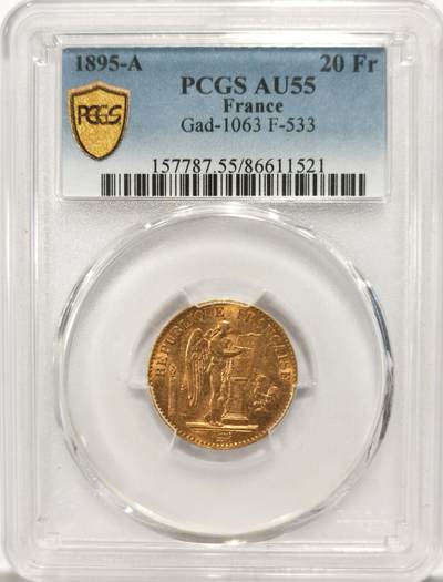 博洋堂世界钱币拍卖第125期（全场包邮） - PCGS AU55 原光法国1895年A版20法郎金币，重6.45g，918金