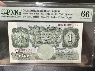《外钞收藏家》第五百三十三期（本期精选多品种好货）（长期征集拍品、欢迎联系） - 1949-55年英国A序列1镑 PMG66