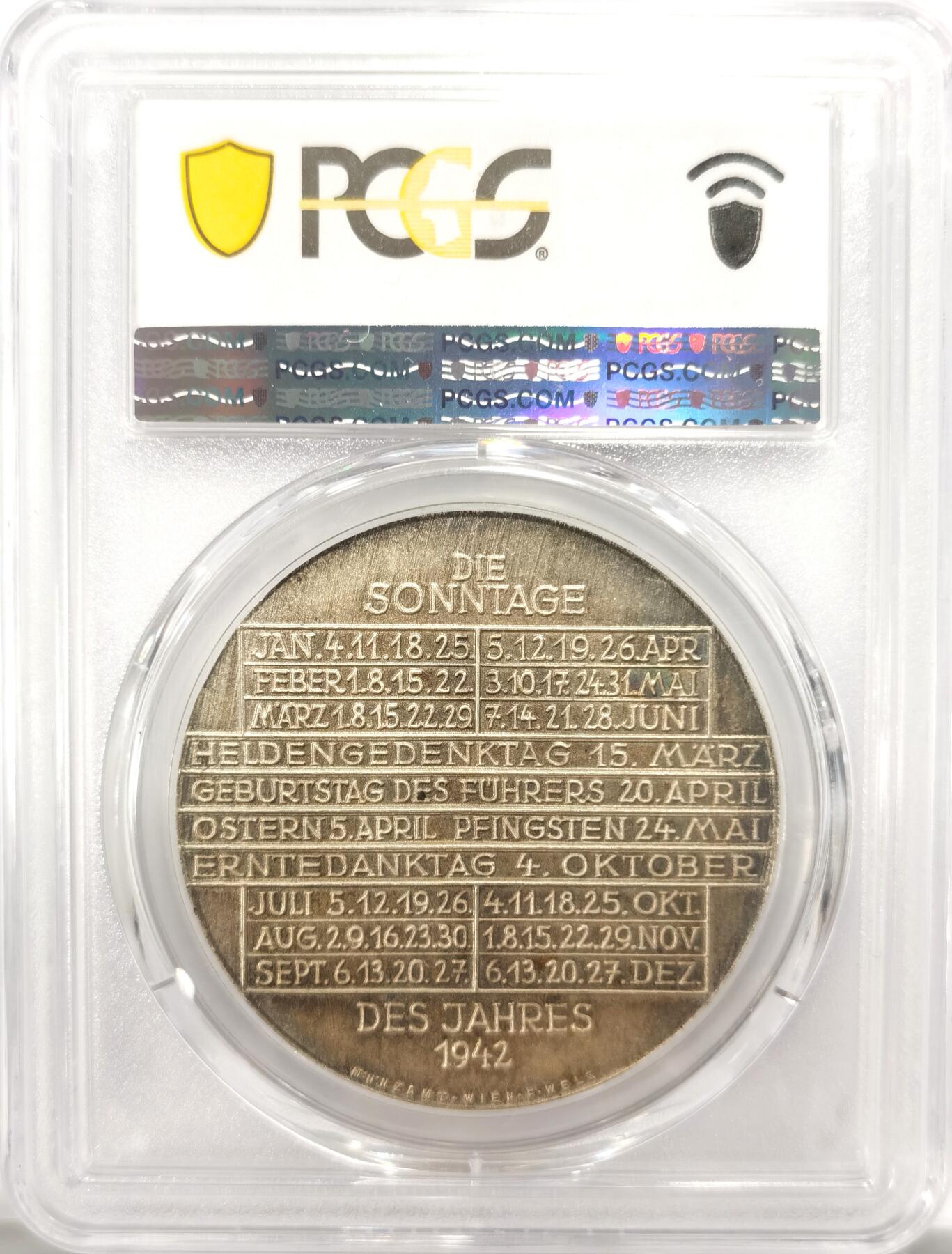 博洋堂世界钱币拍卖第125期（全场包邮） PCGS SP63 冠军分！1942维也纳日历系列元首款，背面有4月20元首纪念日，特殊时期的日历章。这个特殊标识只有41、42、43、44年有标，其余年份没有的。