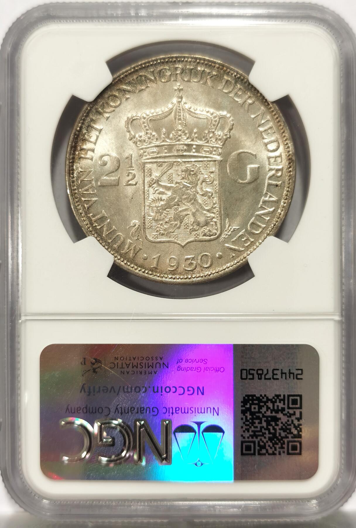 博洋堂世界钱币拍卖第125期（全场包邮） NGC MS64 荷兰1930年威廉敏娜女王2.5盾银币，卷首黄油彩