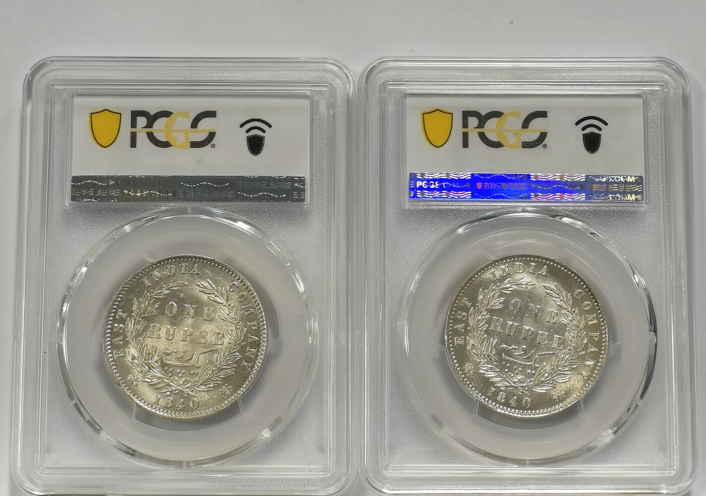 博洋堂世界钱币拍卖第125期（全场包邮） PCGS MS62 英属东印度公司1840年维多利亚双辫版1卢比银币2枚一对2