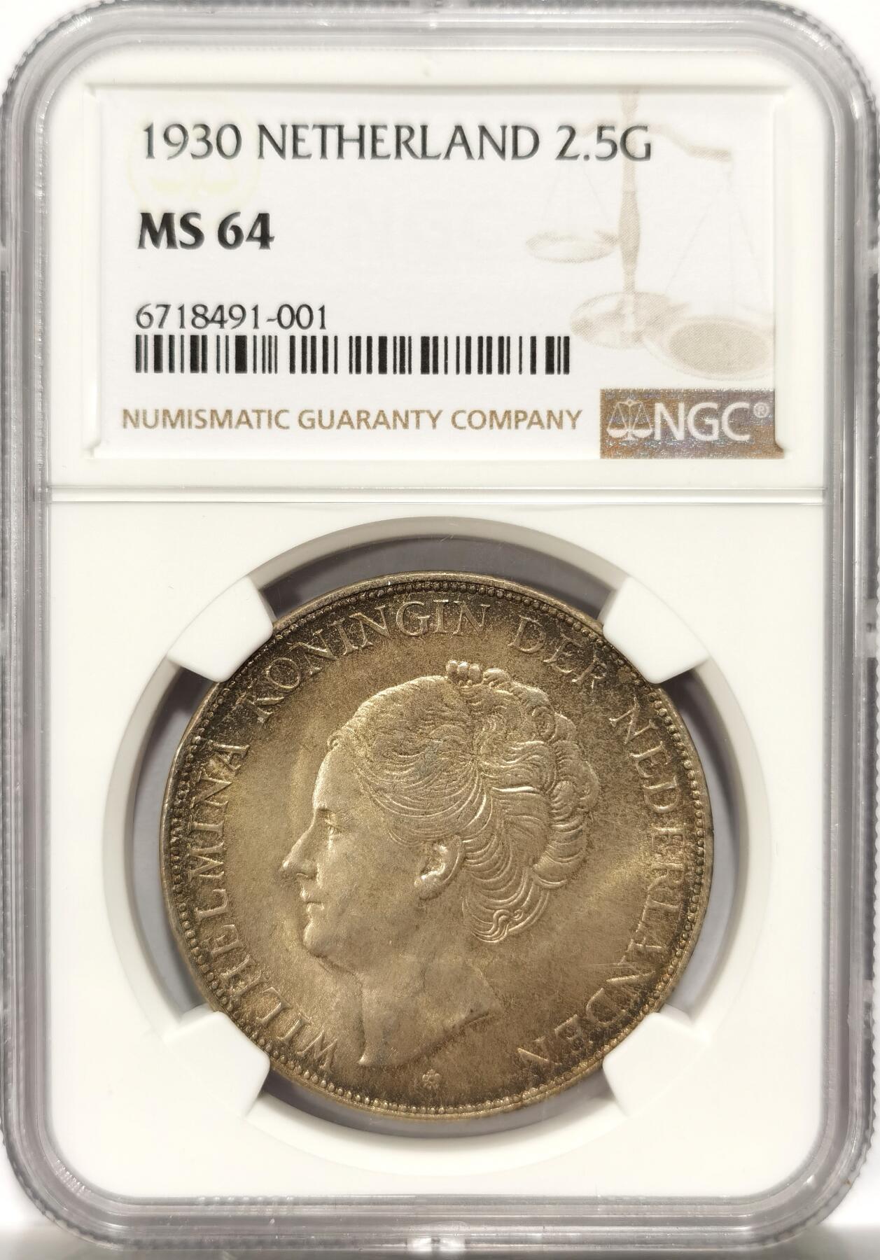博洋堂世界钱币拍卖第125期（全场包邮） NGC MS64 荷兰1930年威廉敏娜女王2.5盾银币，卷首黄油彩
