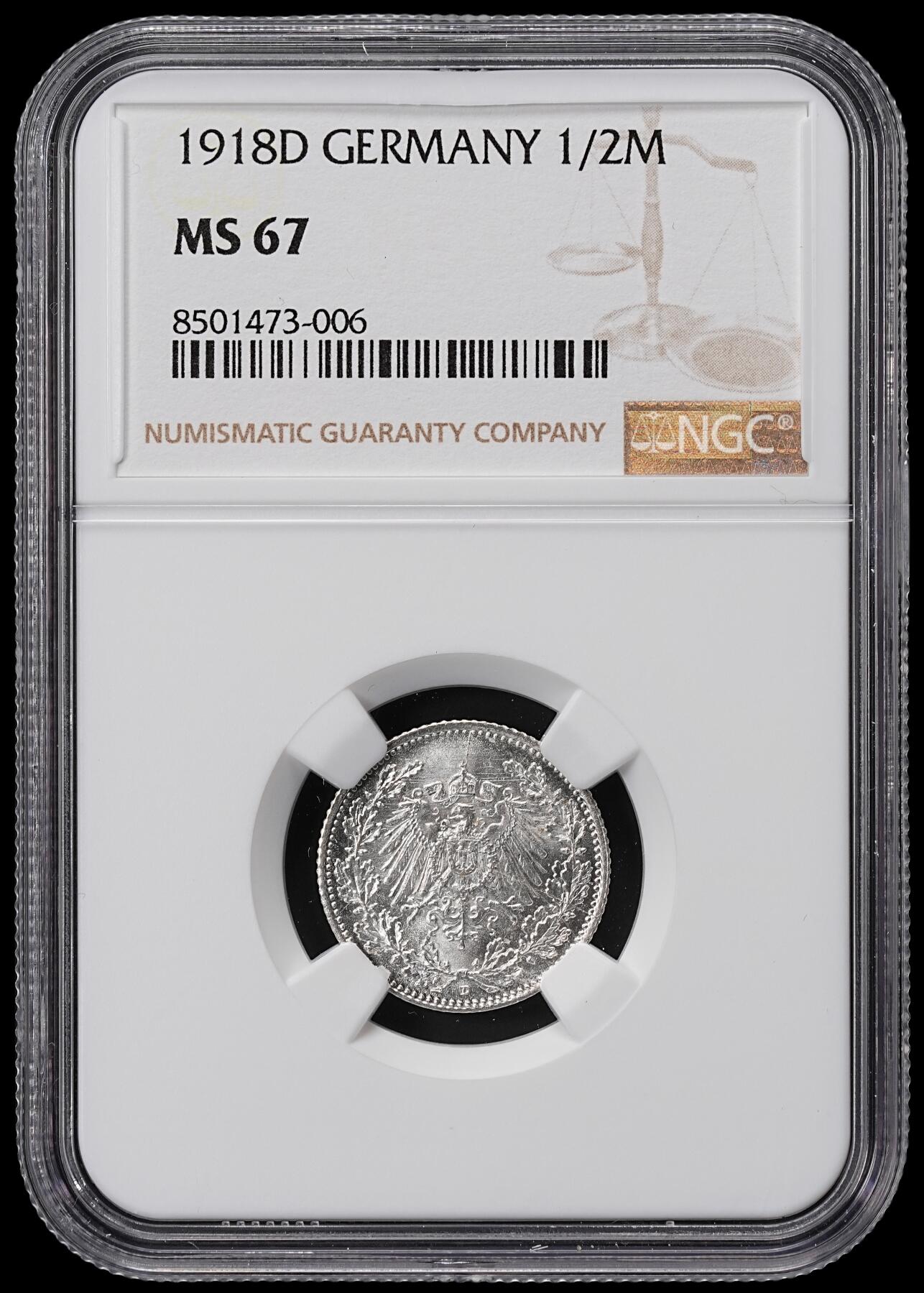 修遠堂世界钱币第七十三期 NGC MS67 1918年德国1/2马克银币 D厂铭