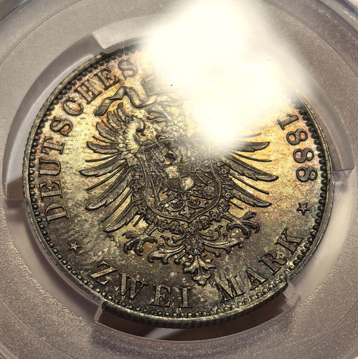 博洋堂世界钱币拍卖第125期（全场包邮） PCGS MS67 德国普鲁士1888年三皇短翅鹰2马克银币，炫彩！超级高分！