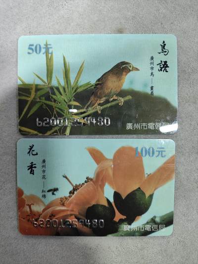 电话卡第四期 - 广州市电信局200卡，96 P6，广州市花/市鸟，2枚一套全