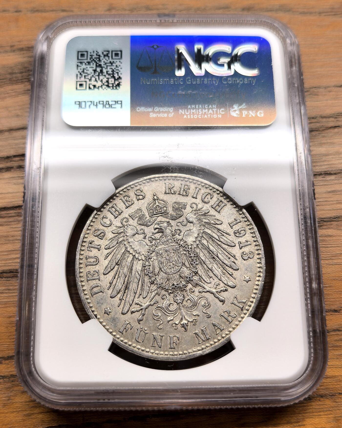凡希社世界钱币微拍第三百零五期 1913D德国巴伐利亚5马克大银NGC-AU58