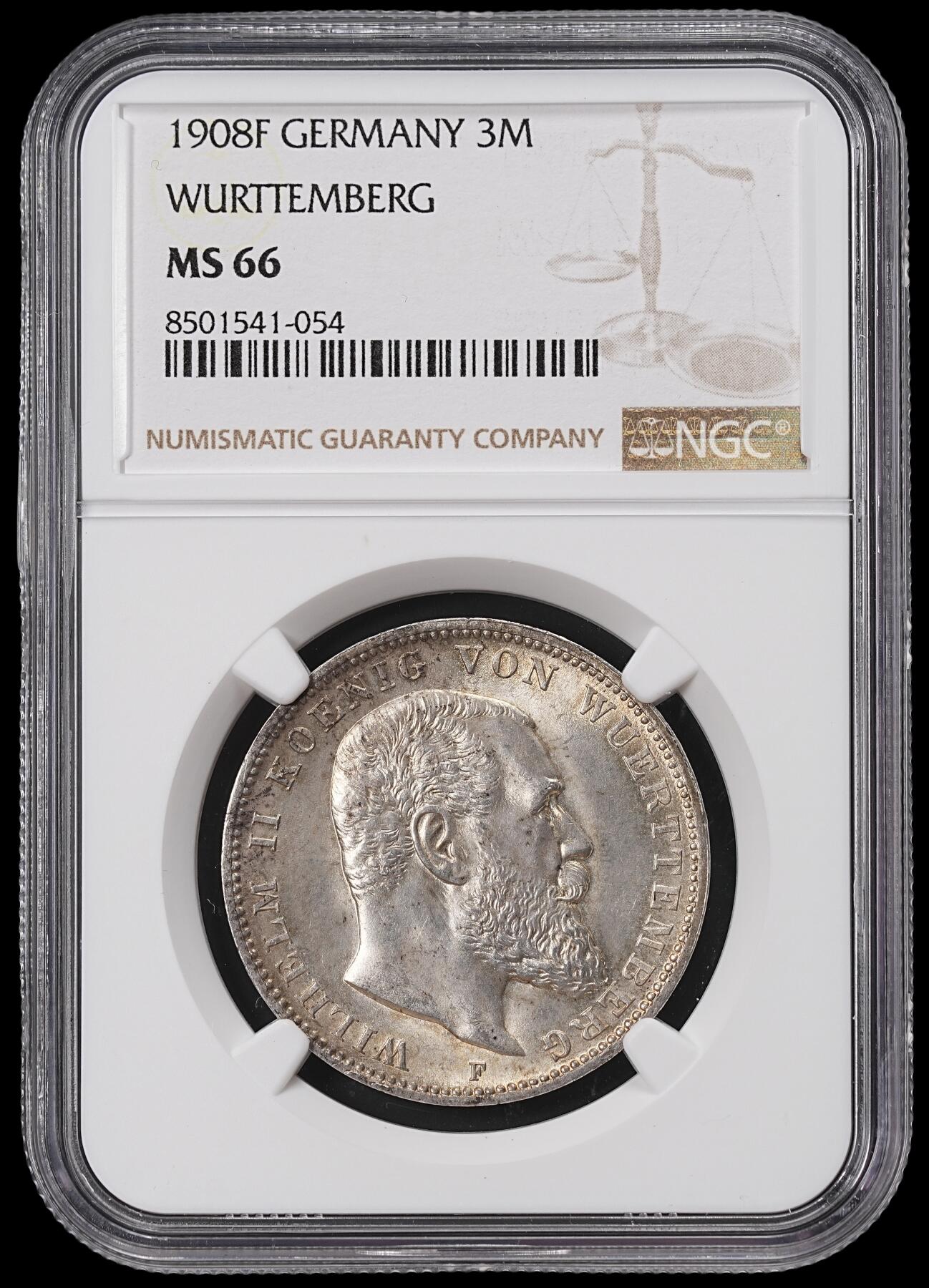 修遠堂世界钱币第七十三期 NGC MS66 1908年符腾堡3马克银币 高状态亚军分 仅30万枚铸造量