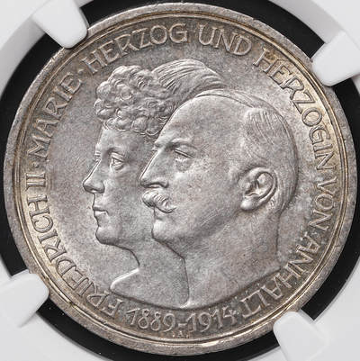 修遠堂世界钱币第七十三期 - NGC MS62 1914年安哈尔特-德绍公国大公银婚纪念3马克银币