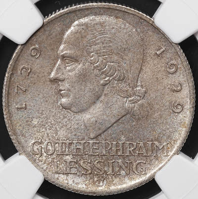 修遠堂世界钱币第七十三期 - NGC MS64 1929年德国魏玛共和国-莱辛诞辰200周年纪念3马克银币 J厂铭 仅铸造33000枚 MS63书价370美金