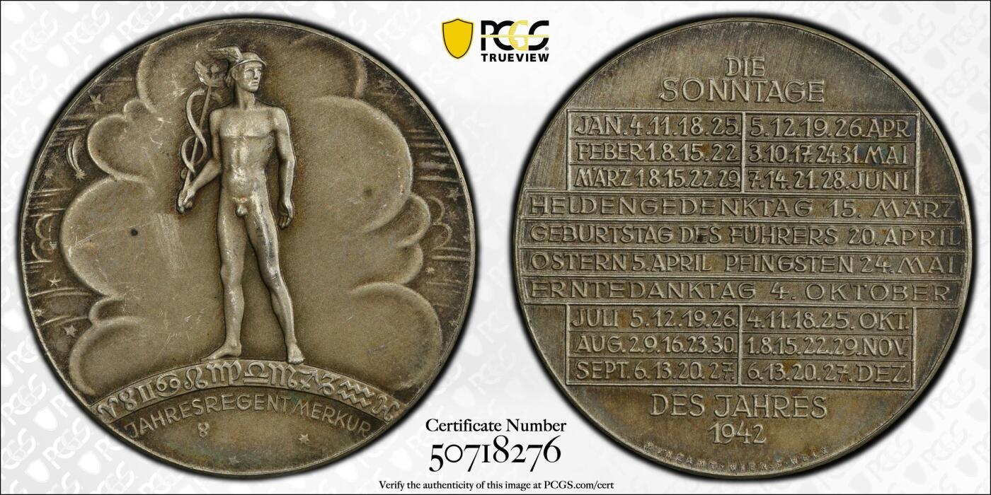 博洋堂世界钱币拍卖第125期（全场包邮） PCGS SP63 冠军分！1942维也纳日历系列元首款，背面有4月20元首纪念日，特殊时期的日历章。这个特殊标识只有41、42、43、44年有标，其余年份没有的。