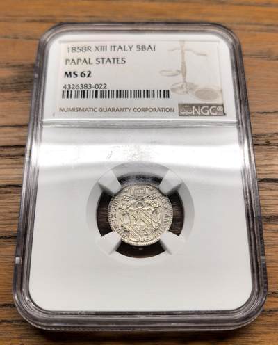 凡希社世界钱币微拍第三百十三期 - 1858R教皇国庇护九世5BAI银币NGC-MS62