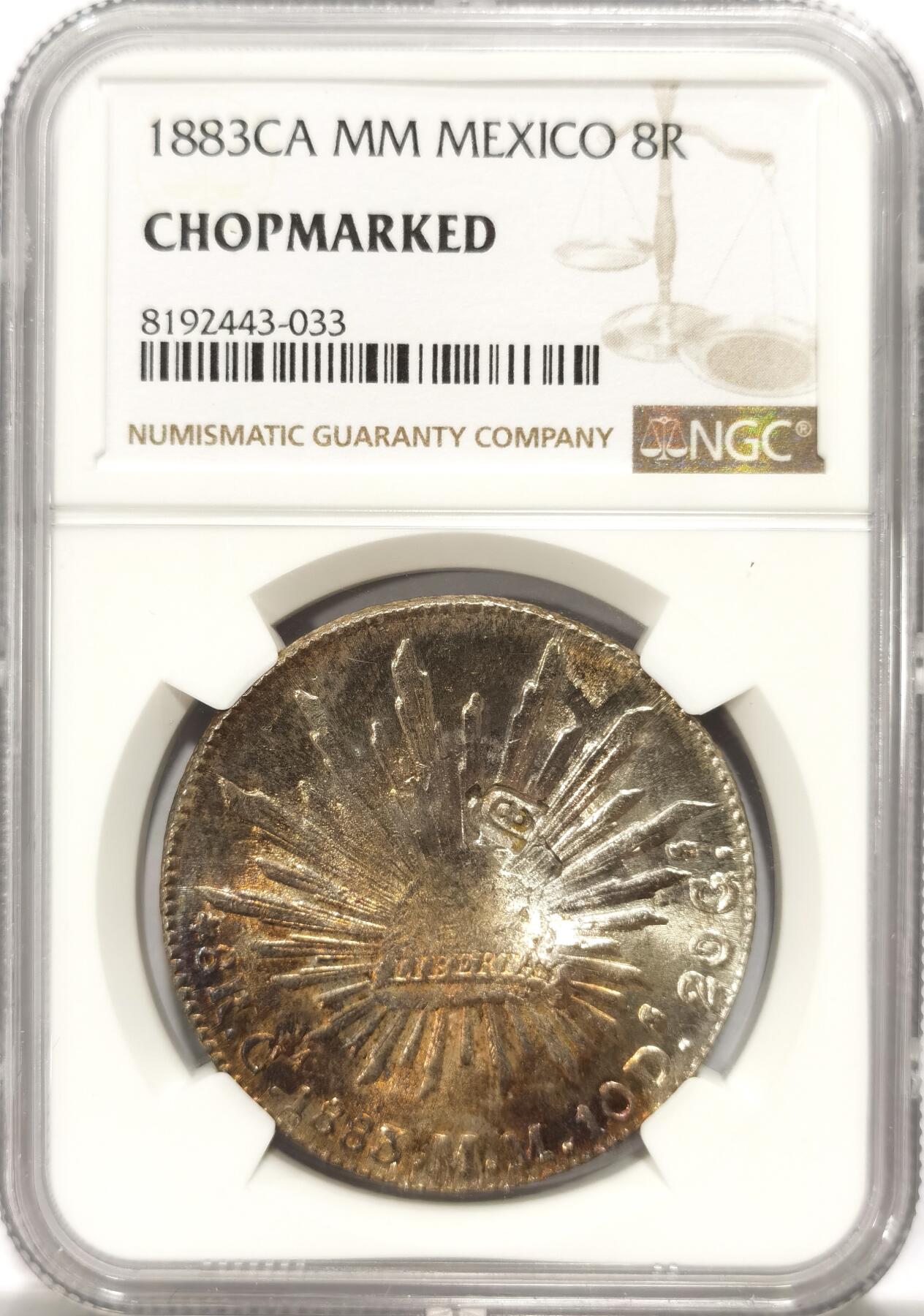 博洋堂世界钱币拍卖第125期（全场包邮） NGC Chopmarked 墨西哥1883年CA MM版花边鹰洋，五彩美戳