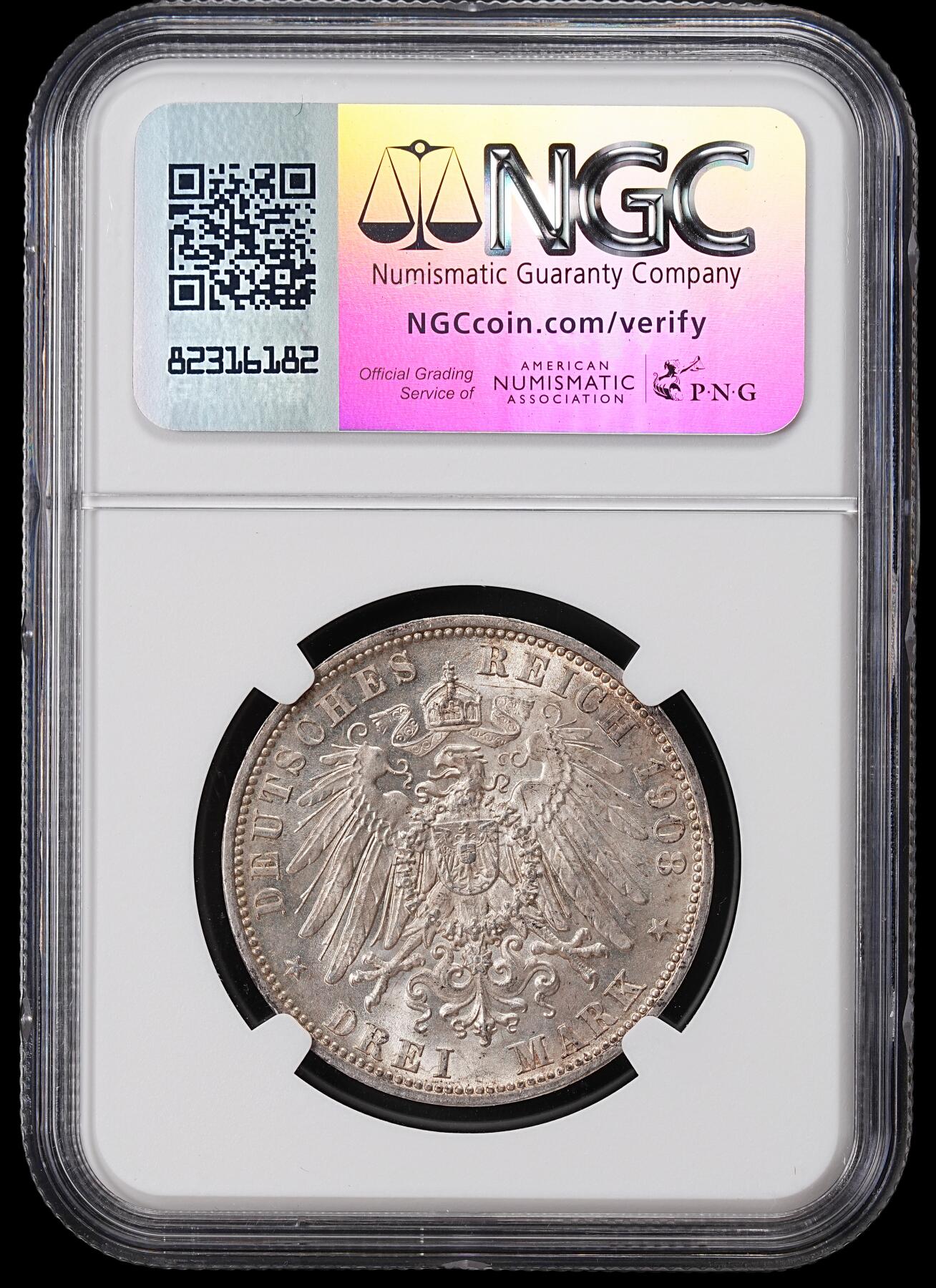 修遠堂世界钱币第七十三期 NGC MS66 1908年符腾堡3马克银币 高状态亚军分 仅30万枚铸造量