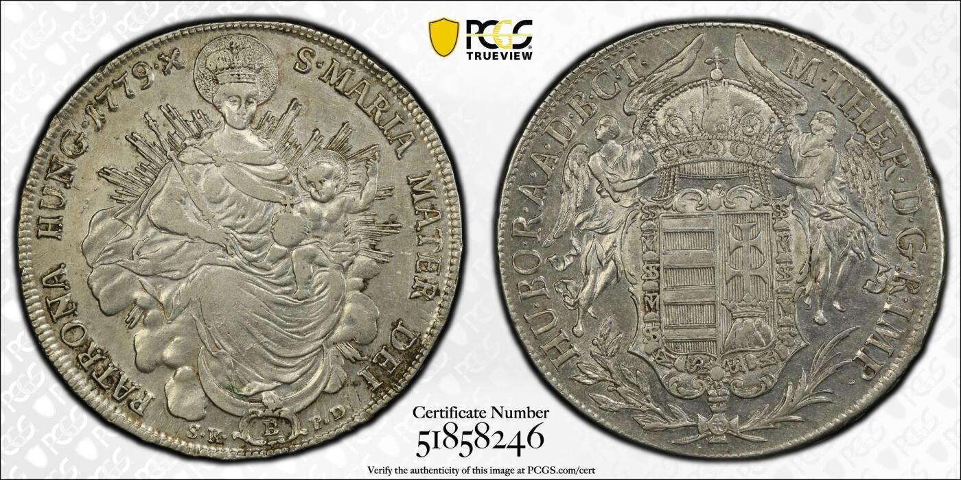 博洋堂世界钱币拍卖第125期（全场包邮） PCGS AU55 匈牙利1779年玛丽亚·特蕾莎圣母抱婴泰勒大银币，背面双天使，唯一亚军分