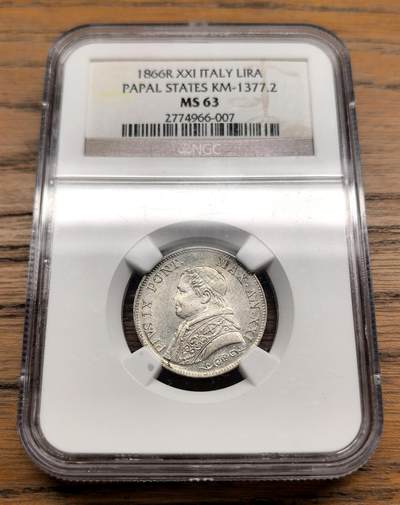 凡希社世界钱币微拍第三百十三期 - 1866教皇国庇护九世里拉银币NGC-MS63