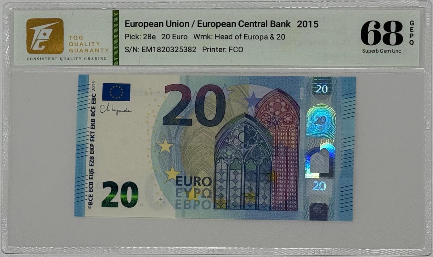 草稿银行第三十二期国外钞票硬币拍卖 欧盟 2015年20欧元 4签 法国欧贝特印制 TQG 68 高分