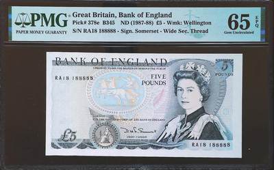 世界靓号纸钞第七十期 - 1987-88年英国英格兰银行5镑 超级靓号 倒置号 数二 18组合 冠号也是18 老虎号88888 PMG65