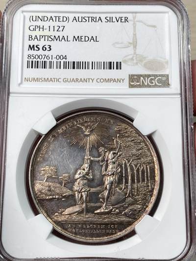 万国钱币拍卖第048期 - NGC MS63 19世纪奥地利洗礼纪念大银章 正面为耶稣在约旦河受洗 背面小天使手持盾徽未签名未使用款 均匀玫瑰彩极美