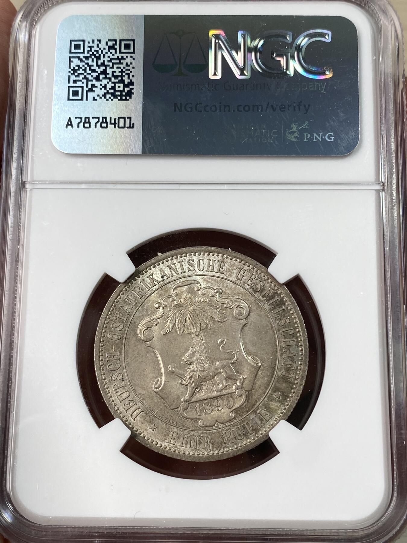 万国钱币拍卖第048期 NGC MS64 1890年德国德属东非1卢比银币 德属大热门品种 东非小狮子 青灰色原味包浆