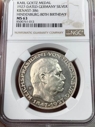 万国钱币拍卖第048期 - NGC MS63 1927年德国魏玛共和国兴登堡总统80大寿5马克币章 卡尔哥茨作品 原味镜面金彩