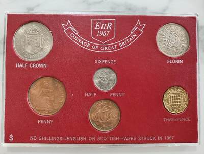 英国1967年十二进制硬币(关门币)套装，半便士、1便士、3便士、6便士、2先令、半克朗6枚全套，原盒装，好品如图，实物拍摄。 - 英国1967年十二进制硬币(关门币)套装，半便士、1便士、3便士、6便士、2先令、半克朗6枚全套，原盒装，好品如图，实物拍摄。