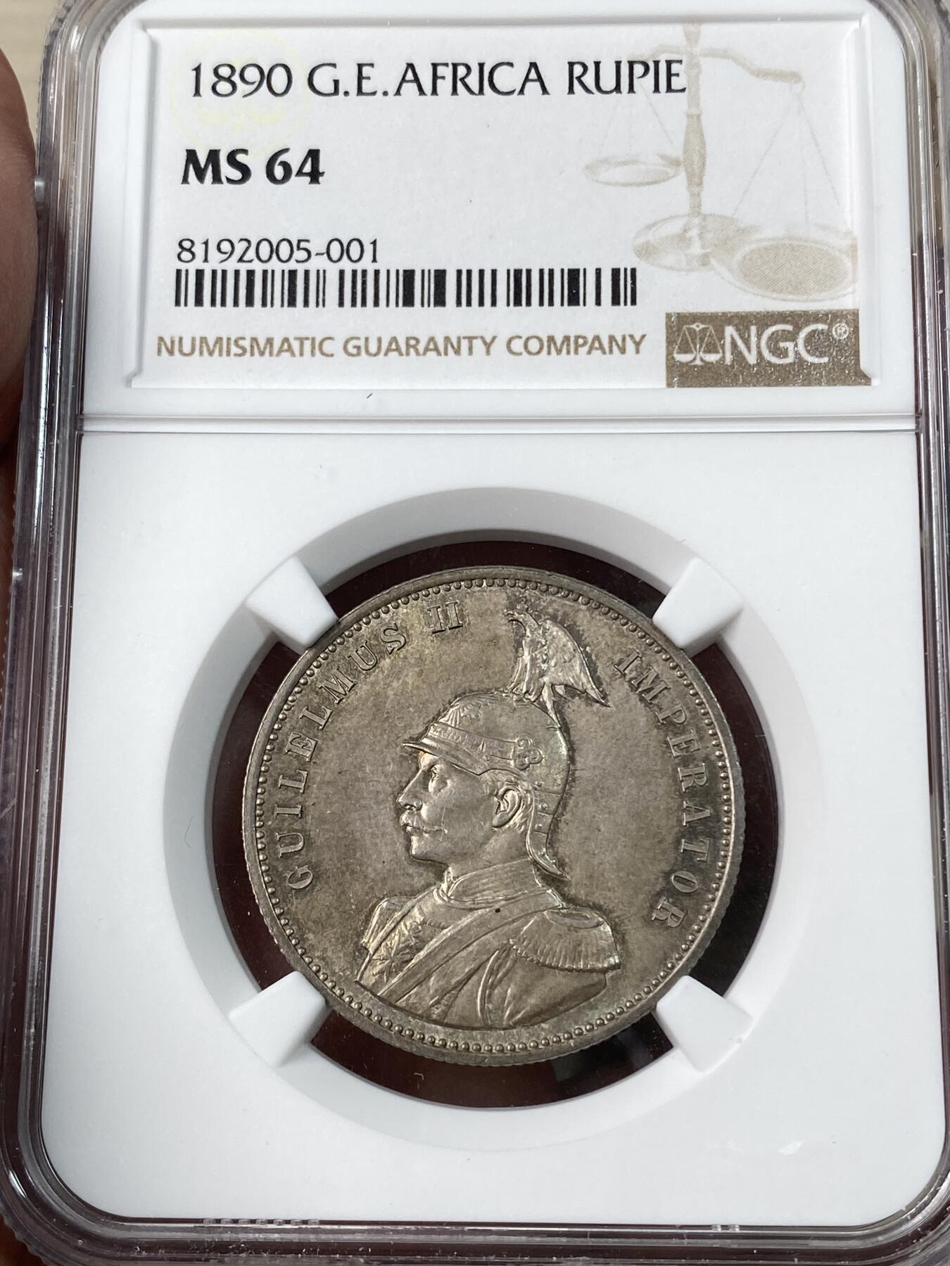 万国钱币拍卖第048期 NGC MS64 1890年德国德属东非1卢比银币 德属大热门品种 东非小狮子 青灰色原味包浆