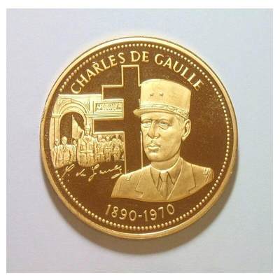 法国1970年 戴高乐总统军装像高浮雕精制大镀金章 40MM - 法国1970年 戴高乐总统军装像高浮雕精制大镀金章 40MM