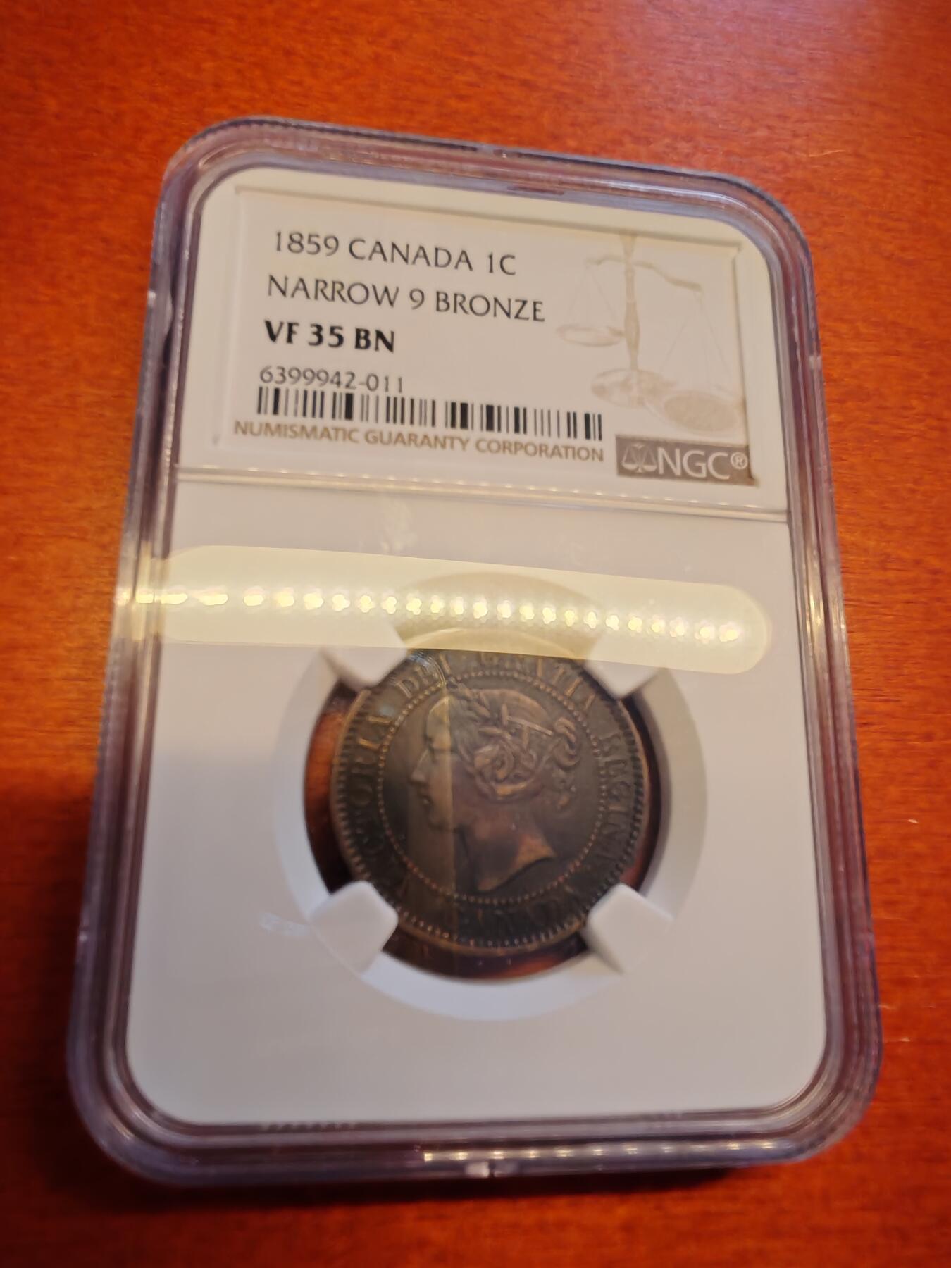 长老汇蛇年精选第十六场拍卖 1859加拿大维多利亚1分铜币，窄九，NGC VF35BN