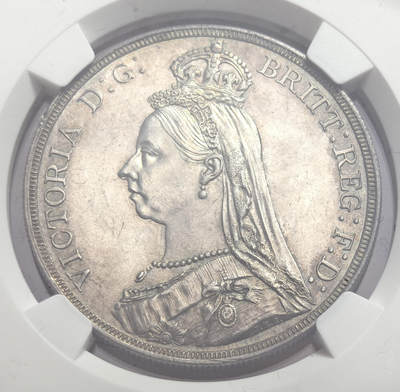 紫瑗钱币——第573期 - 英国 1887年 高冠马剑 1克朗 NGC MS61 老包浆 背面彩较为醇厚