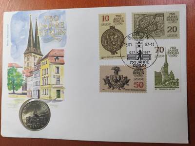 长老汇马年精选第十四场拍卖 - 1987东德柏林建城750周年邮币封首日封，含5马克铜镍币1枚（1）