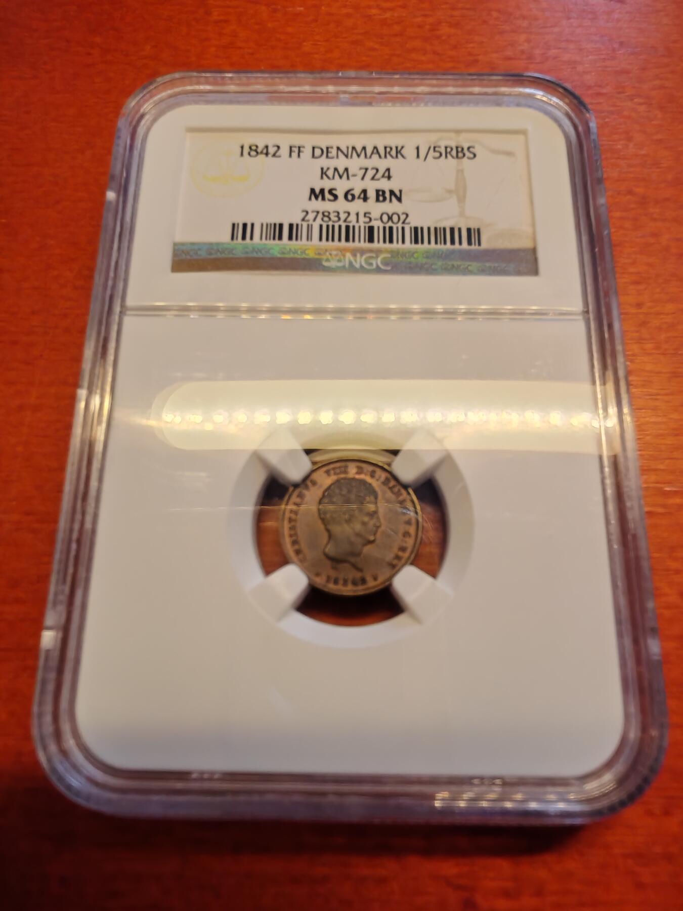 长老汇蛇年精选第十六场拍卖 1842丹麦1/5RBS铜币，NGC MS64BN，亚军，更高2枚