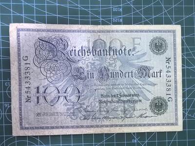 外国钱币专场，0元起拍，5元加价，无佣金 德国钱币 100马克纸币 1908年 （旧票 绿码 大票幅）
