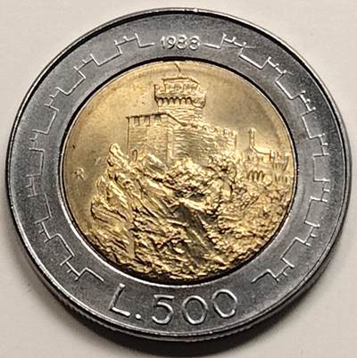 布加迪🐬～世界钱币(上海)🌾第 237 期 /  各国套币和散币 - 圣马力诺🇸🇲 1988年 500里拉纪念币 Ceasta防御城堡 25.8mm