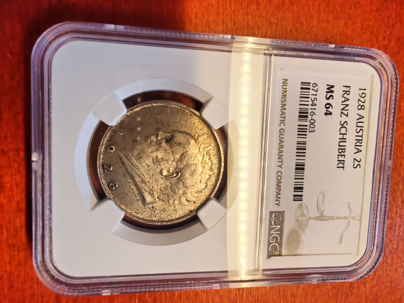 长老汇蛇年精选第十六场拍卖 1928奥地利舒伯特2先令银币，NGC MS64
