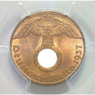 金盾PCGS MS64RB 德国第三帝国1937年J版1芬尼 难得开卷原光 - 金盾PCGS MS64RB 德国第三帝国1937年J版1芬尼 难得开卷原光