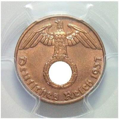 金盾PCGS MS66RB 德国第三帝国1937年E版1芬尼 难得开卷原光 - 金盾PCGS MS66RB 德国第三帝国1937年E版1芬尼 难得开卷原光
