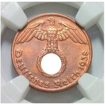 NGC MS63RB 德国第三帝国1938年B版1芬尼 难得开卷原光 - NGC MS63RB 德国第三帝国1938年B版1芬尼 难得开卷原光