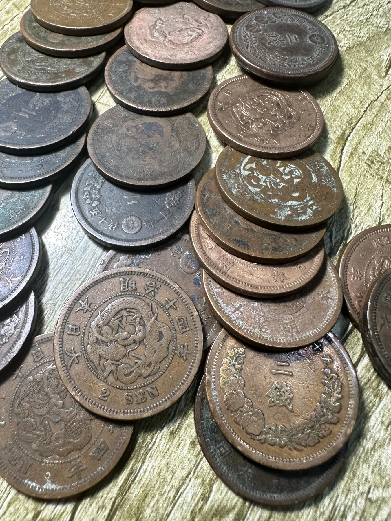 钱币，章 批量，日本明治龙二钱30枚，品相一般
