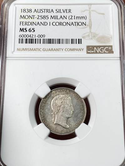 万国钱币拍卖第048期 - NGC MS65 1838奥地利斐迪南一世加冕为伦巴第威尼斯王国国王纪念银章 罕见品种  纪念1838年九月六日奥地利皇帝斐迪南一世在米兰被加冕为伦巴第威尼斯王国国王 加冕是用的是欧洲最古老的王冠 伦巴第铁王冠 这也是这只王冠最后一次被使用 NGC唯一冠军