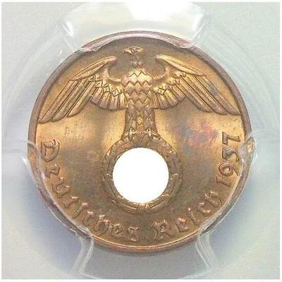金盾PCGS MS64RB 德国第三帝国1937年F版1芬尼 难得开卷原光 - 金盾PCGS MS64RB 德国第三帝国1937年F版1芬尼 难得开卷原光