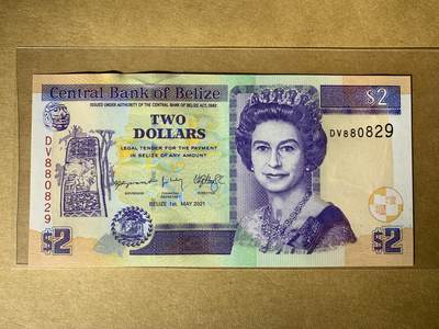 【礼羽收藏】🌏世界钱币拍卖129期 - 【DV880829】全新UNC 2021年伯利兹2面值纸币 女王钞 无3457尾829 朦胧号